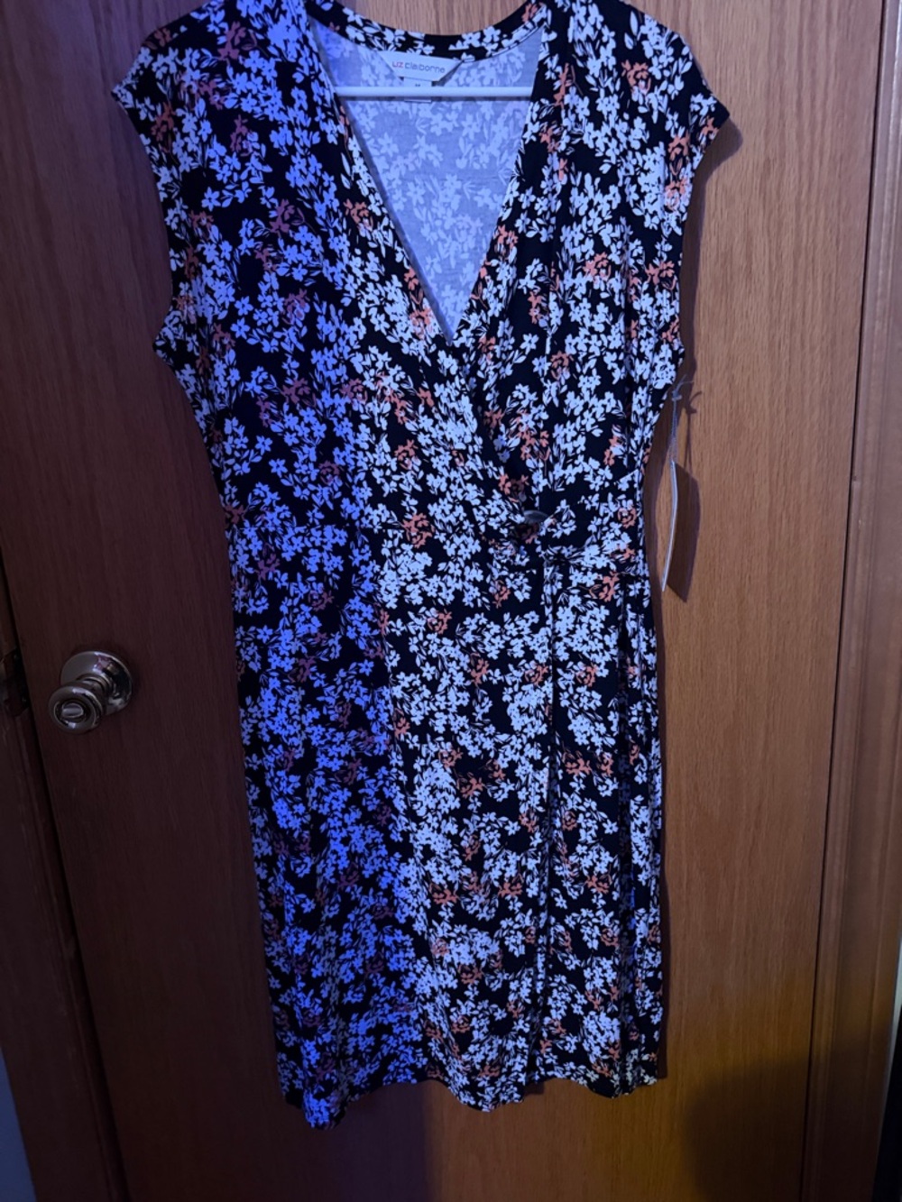 Liz Claiborne Black Floral Faux-Wrap Midi Dress with White and Coral Flowers